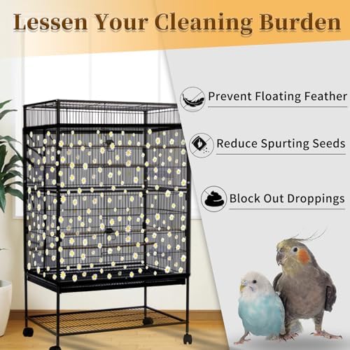 Daoeny Bird Cage Seed Catcher, Large Bird Cage Cover, Adjustable Soft Airy Nylon Mesh Net, Birdcage Cover Skirt Seed Guard for Parrot Parakeet Macaw African Round Square Cages (Black, Daisy Design)