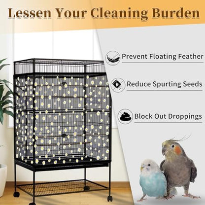 Daoeny Bird Cage Seed Catcher, Large Bird Cage Cover, Adjustable Soft Airy Nylon Mesh Net, Birdcage Cover Skirt Seed Guard for Parrot Parakeet Macaw African Round Square Cages (Black, Daisy Design)