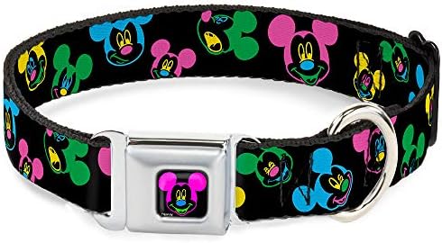 Buckle-Down Seatbelt Buckle Dog Collar - Mickey Mouse Expressions Scattered Black/Multi Neon - 1" Wide - Fits 11-17" Neck - Medium