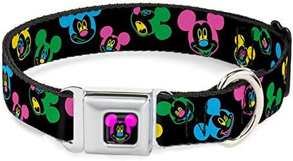 Buckle-Down Seatbelt Buckle Dog Collar - Mickey Mouse Expressions Scattered Black/Multi Neon - 1" Wide - Fits 9-15" Neck - Small