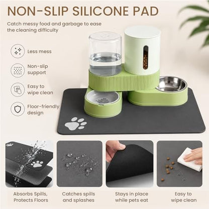 Gravity Cat Feeder 2 Pack Automatic Food Feeder and Water Dispenser Set Detachable Pet Bowl with Silicone Mat for Cats Small Medium Dogs, Large Capacity(Green)