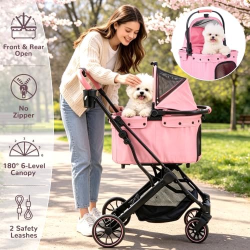 Dog Stroller for Small to Medium Dogs with Detachable Carrier, Pink