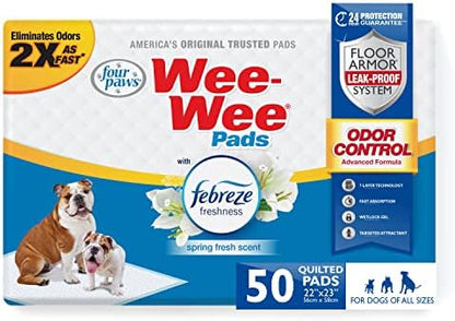 Four Paws Wee-Wee Odor Control with Febreze Freshness Pee Pads for Dogs & Puppies, Leak-Proof Dog Housebreaking Potty Training Floor Protection, Spring Fresh Scent, 22" x 23", 50 Count