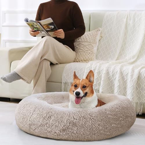 JOLLYVOGUE Dog Bed, Calming Anti-Anxiety Large Dog Bed, Fluffy Donut Cushion for Medium and Large Pets (31")
