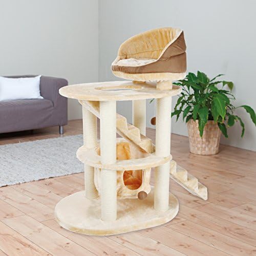 TRIXIE Elsa Senior Cat Tower with Scratching Posts, Hammock, Stairs, Top Platform Bed, Dangling Pom-Pom Beige