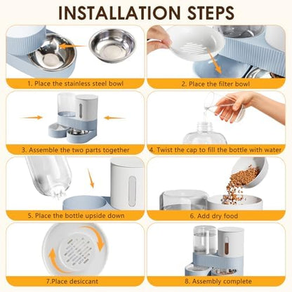 Automatic Gravity Cat Dog Feeder and Water Dispenser with 304 Stainless Steel Bowls 2 in 1 360 Degree Rotatable Auto 2.4L Dry Food and 2.6L Water Bowl for Small Medium Pet Dog Puppy Kitten (Blue)