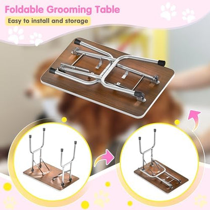 Lyromix 42'' Stainless Steel Pet Dog Grooming Table, Arm/Noose/Tray, Pink