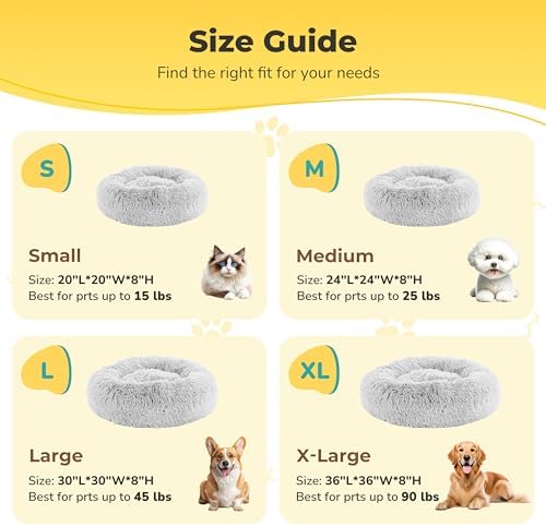 Soft Round Dog & Cat Bed, Anti-Anxiety Donut Cuddler with Anti-Slip Bottom Cozy Fluffy Pet Bed for Medium Large Dogs and Cats, 37inch, Grey