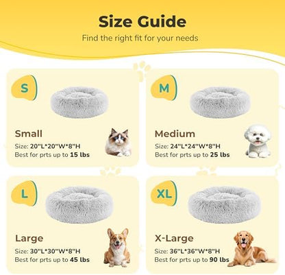 Soft Round Dog & Cat Bed, Anti-Anxiety Donut Cuddler with Anti-Slip Bottom Cozy Fluffy Pet Bed for Medium Large Dogs and Cats, 37inch, Grey