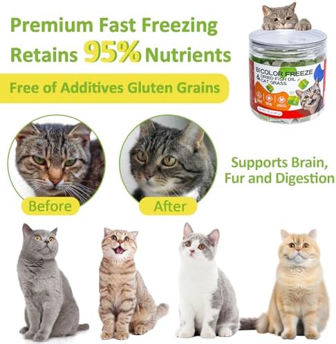 Freeze-Dried Cat Grass Treats with Omega-3 Fish Oil Blend - Hairball Control, Skin & Coat Health for Cats (Chicken & Fish Oil, 1.76 oz)