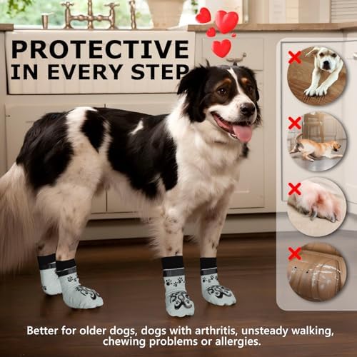8Pcs Dog Socks for Outside - Double Side Dog Boots & Paw Protectors, Toe Grip Sock, No Twist Dogs Grippy Socks for Senior Dogs, Light Grey and Black, S