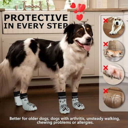 8Pcs Dog Socks to Prevent Licking - Double Side Dogs Booties for Hardwood Floors, Pawsocks, No Twist Non Slip Dog Socks, Light Grey and Black, M