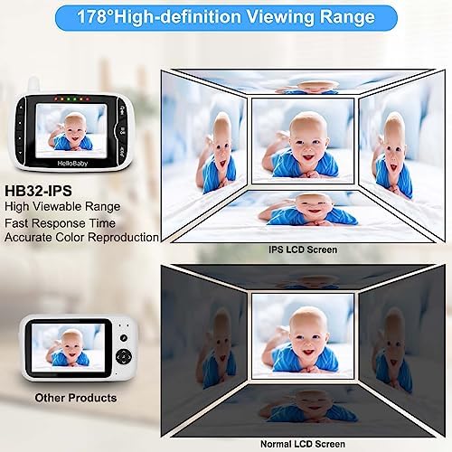 HelloBaby Video Baby Monitor with Camera and Audio, 3.2Inch LCD Display, Infrared Night Vision, Two-Way Audio and Room Temperature Monitoring,Lullaby,Sound Activated Screen