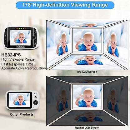 HelloBaby Video Baby Monitor with Camera and Audio, 3.2Inch LCD Display, Infrared Night Vision, Two-Way Audio and Room Temperature Monitoring,Lullaby,Sound Activated Screen
