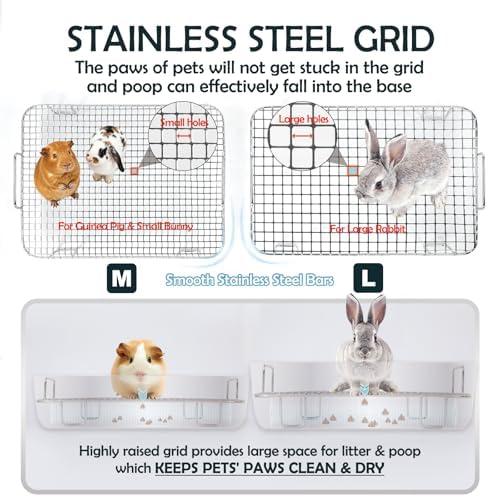 MEEXPAWS Rabbit Litter Box Stainless Steel, Large Bunny Litter Box with Raised Grid and Washable Pee Pad, Metal Litter Pan High Side for Rabbit,Small Animal Toilet Potty Tray Easy Cleaning,Less Stink
