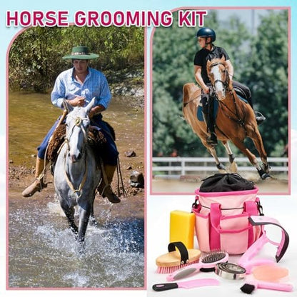 Cunhill 9 Pcs Horse Grooming Kit Tack Room Supplies, Classic, Pink