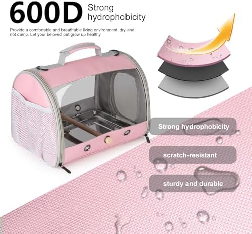 Bird Carrier, Portable Small Bird Parrot Parakeet Carrier with Standing Perch and Stainless Steel Tray, Side Access Window Collapsible (Pink, Cylinder Design - Clear)