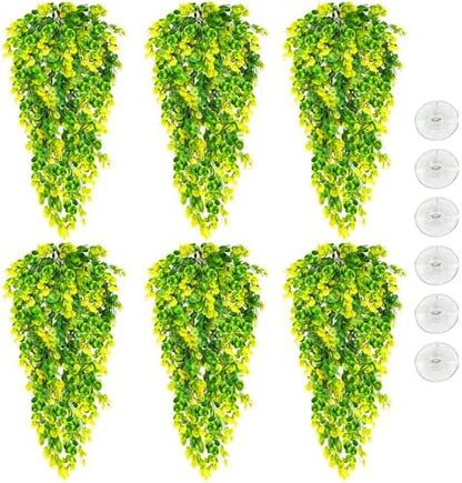 Hamiledyi 6 PCS Reptile Plants Hanging Terrarium Plants Artificial Leaves Habitat Decorations with Suction Cup Green and Yellow Fake Amphibian Plants for Bearded Dragon Lizard Geckos Chameleon