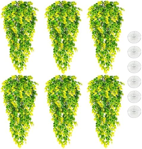 Hamiledyi 6 PCS Reptile Plants Hanging Terrarium Plants Artificial Leaves Habitat Decorations with Suction Cup Green and Yellow Fake Amphibian Plants for Bearded Dragon Lizard Geckos Chameleon