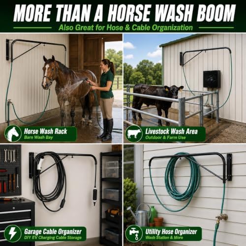 Swinging arm Horse Wash Attachment - Wall-mounted Spray Boom Preventing Tangling and Trampling While Washing Your Horse. Hose Not Included, Fits Standard Garden Hose