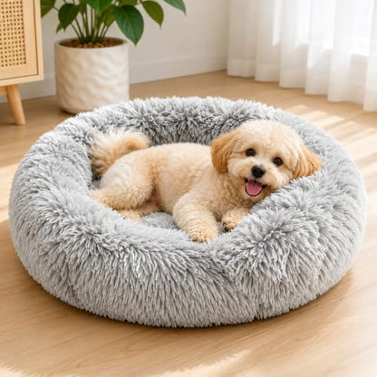 Cat Beds for Indoor Cats, Round Fluffy Cute Small Cat Bed, Washable Anti-Slip Donut Pet Bed, Round Dog Bed for Small Pets (Light Gray)