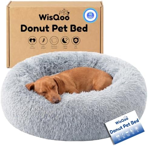 Calming Donut Dog Bed – Faux Fur Anti-Anxiety Pet Bed with Removable Washable Cover & Water-Resistant Liner – Plush Fluffy Round Nest, Non-Slip Bottom for Dogs & Cats – Medium, Grey