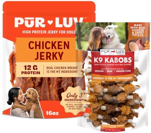 Pur Luv Pur Luv Dog Jerky Treats, 16oz + Chicken, Duck, and Sweet Potato Kabob Treats, 12oz, Healthy, Easily Digestible, Long-Lasting, High Protein Dog Treats, Satisfies Dog's Urge to Chew