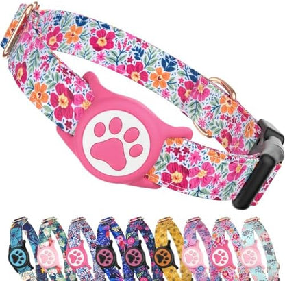Airtag Dog Collar,with Waterproof airtag Holder，Original Stylish Cute Pattern Design.QR Code ID Buckle，Comfortable Soft Cotton for Small Medium Large Dogs