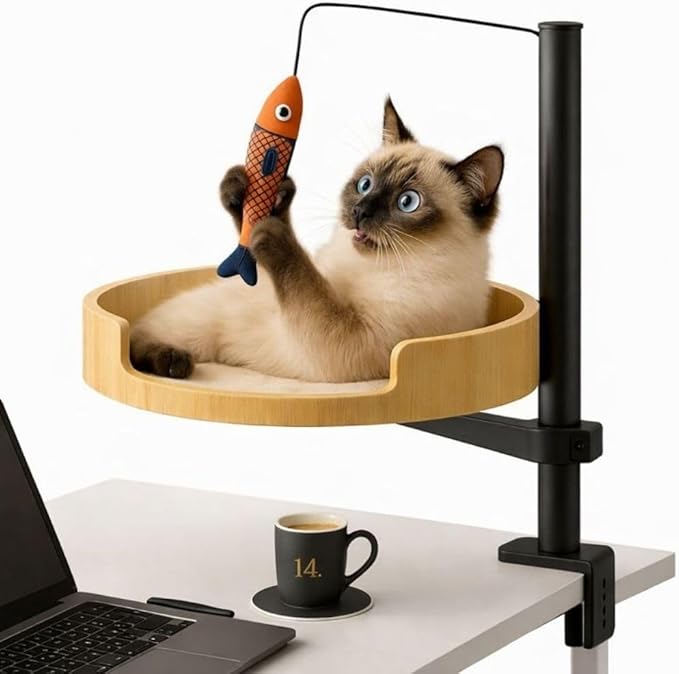 Cat Desk Bed with Fish Toy, Cat Bed for Desk, 360° Rotating & Height Adjustable Cats Hammock, Raised Cats Beds Hammock, Pet Office Chair Attachment