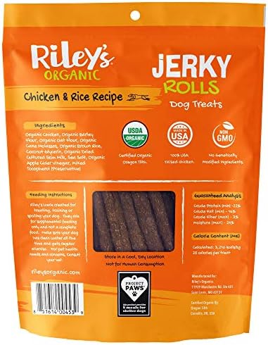 Organic Dog Jerky Treats - Chicken & Rice Dog Training Treats - Soft Jerky Rolls for Dogs - 5 oz, 142g, High Protein, Large Breed, All Life Stages
