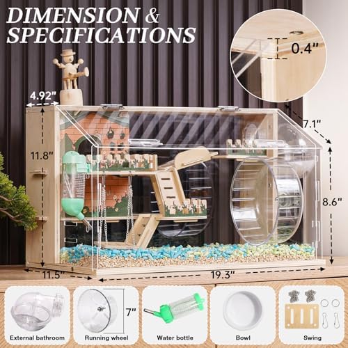 11 in 1 Wooden Hamster Cage with All Accessories, 19.3" 3-Layer Dwarf Hamster Cage Acrylic,Small Animal Cages, Pastoral Style Mouse Cage for Mice, Hedgehog and Small Pets, with Stairs, Fences, Swing
