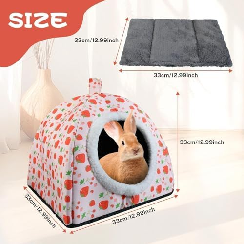 Warm Rabbit Hideout, Washable Strawberry Fleece Hut for Guinea Pigs