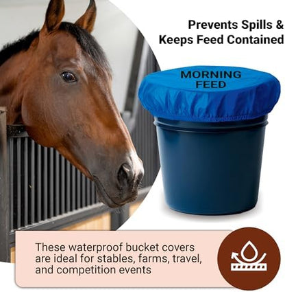 Horse Bucket Cover for Feed Protection & Organization, Keeps Flies & Dust Out, Elastic Fit for 2-5 Gallon Buckets, Livestock Feed Bucket Top - 1 Pack (Morning Feed)