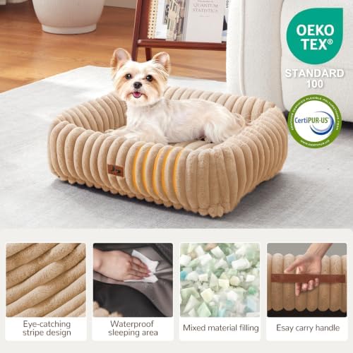 Cute Dog Bed for Small Dogs & Cats,Washable Fluffy Cat Beds for Indoor Cats, Rectangle Orthopedic Memory Foam Puppy Beds with Anti-Slip Bottom, 20 x19 x 7 Inches, Camel