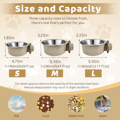 2Pcs Pets Lightweight Stainless Steel Bowl,Removable Stainless Steel Pet Hanging Food Water Feeder Bowl for Puppy Dog Cat Rabbit Ferret Bird Gunea Pigs (Gray-Large)