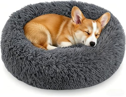 Calming Donut Dog and Cat Bed for Indoor Cats, Anti-Anxiety Round Fluffy Soft Washable Small Pet Bed for Puppy and Kitten, Warming Comfortable Luxury Anti-Slip Waterproof Mute Base 20in Dark Gray
