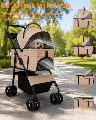 Pet Stroller, 3 in1 Foldable Dog Cat Stroller with Detachable Carrier-Khaki