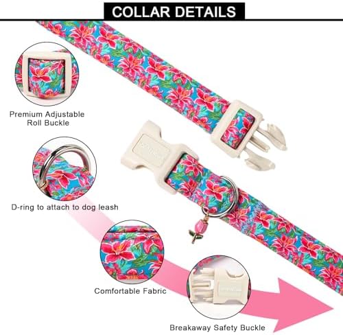 Lionet Paws Floral Dog Collar Summer Lily Collars with Pink Lilies Pattern Pendant - Female Girl Dog Collar for Medium Large Dogs L