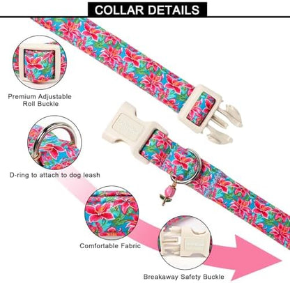 Lionet Paws Floral Dog Collar Summer Lily Collars with Pink Lilies Pattern Pendant - Female Girl Dog Collar for Small Medium Dogs XS
