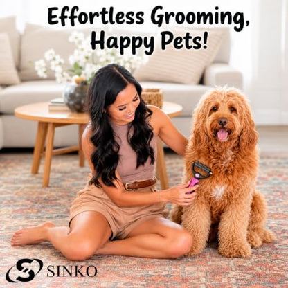 Sinko Shedding Brush For Dog and Cat, Undercoat Rake with Extra Wide Double-Sided Stainless Teeth for Detangling, Deshedding, Brushing & Removing Shed Fur, Knots, Mats, and Tangles in Pets (Pink)