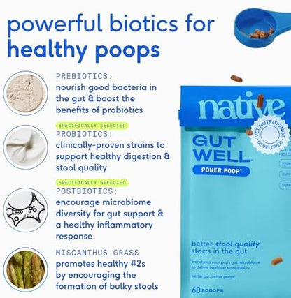 Native Pet GutWell Power Poop - Digestive Support & Fiber for Dogs - Promotes Healthy Stools, Supports Balanced Microbiome & Digestive Function - Triple-Biotic Blend & M-Fiber - 60 Scoops