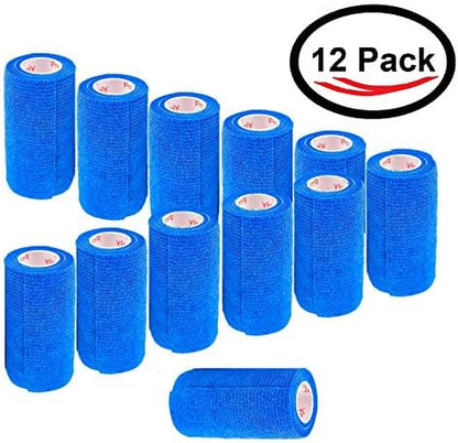 3 Inch Self Adhesive Bandage Wrap - Self-Sticking Vet Wrap - Blue, 12 Pack