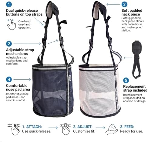 Horse Feed Bag,Heavy Duty Muzzle Feed Bag with Adjustable Strap,Comfort Neck Pad,Nose Pad and Double Waterproof Bottom Mesh Feed Bags for Horse Pack of 2 (Dark Blue & Grey(Reflective))