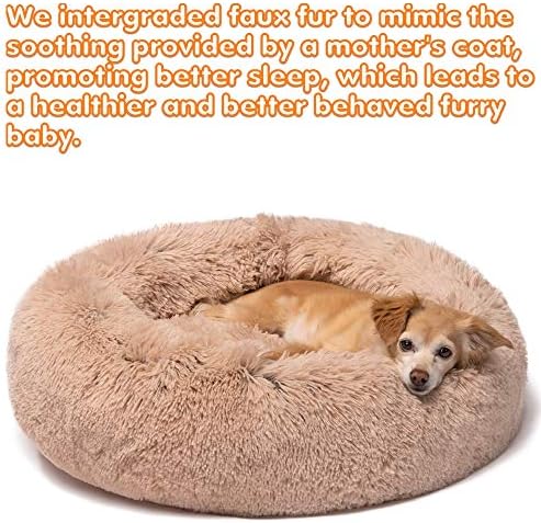 Friends Forever Donut Dog Bed Faux Fur Fluffy Calming Sofa For Small Dogs, Soft & Plush Anti Anxiety Pet Couch For Dogs, Machine Washable Coco Pet Bed with Non-Slip Bottom, 23"x23"x6" Tan