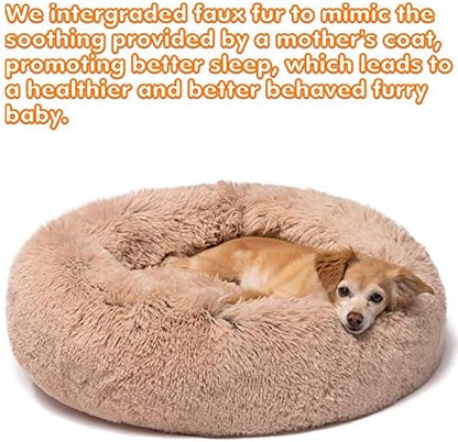Friends Forever Donut Dog Bed Faux Fur Fluffy Calming Sofa For Small Dogs, Soft & Plush Anti Anxiety Pet Couch For Dogs, Machine Washable Coco Pet Bed with Non-Slip Bottom, 23"x23"x6" Tan