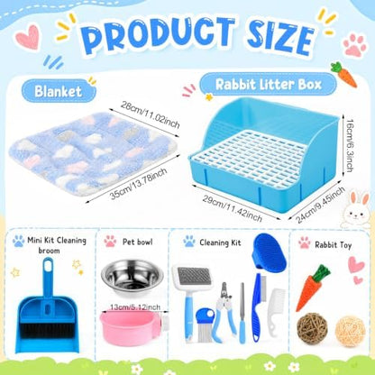 Reallnaive 15 Pcs Rabbit Starter Kit Small Rabbit Litter Box Girls Gift Animal Grooming Kit Bunny Toys Bowl Blankets with Cleaning Set for Guinea Pig Accessories(Bright Blue)