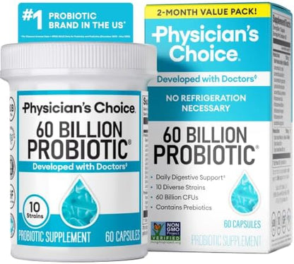Physician's CHOICE Probiotics 60 Billion CFU - 10 Strains + Organic Prebiotics - Immune, Digestive & Gut Health - Supports Occasional Constipation, Diarrhea, Gas & Bloating - for Women & Men - 60ct