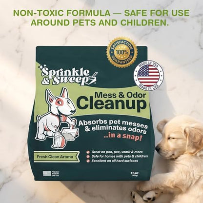 Sprinkle & Sweep: Pet Mess & Odor Cleanup Duo - 15oz Bag & Dustpan Broom - Dog Accident Clumping Powder, Remove Urine-Poop-Vomit from Hard Services