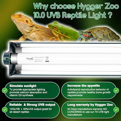 T8 Reptile Light Fixture Combo Kit 17W Green Light 10.0 UVB Fluorescent Tube for Reptiles