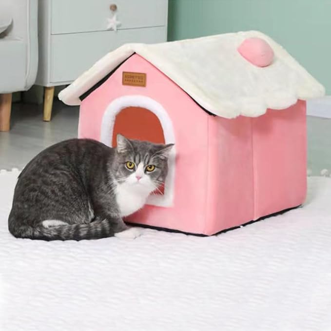 Christmas Cat Bed for Indoor Cats Plaid Xmas Cat Tent Cats Bed Cave for Pets Kittens and Dogs (Pink, S(15.7 X 12.6 X 13.8 Inch))